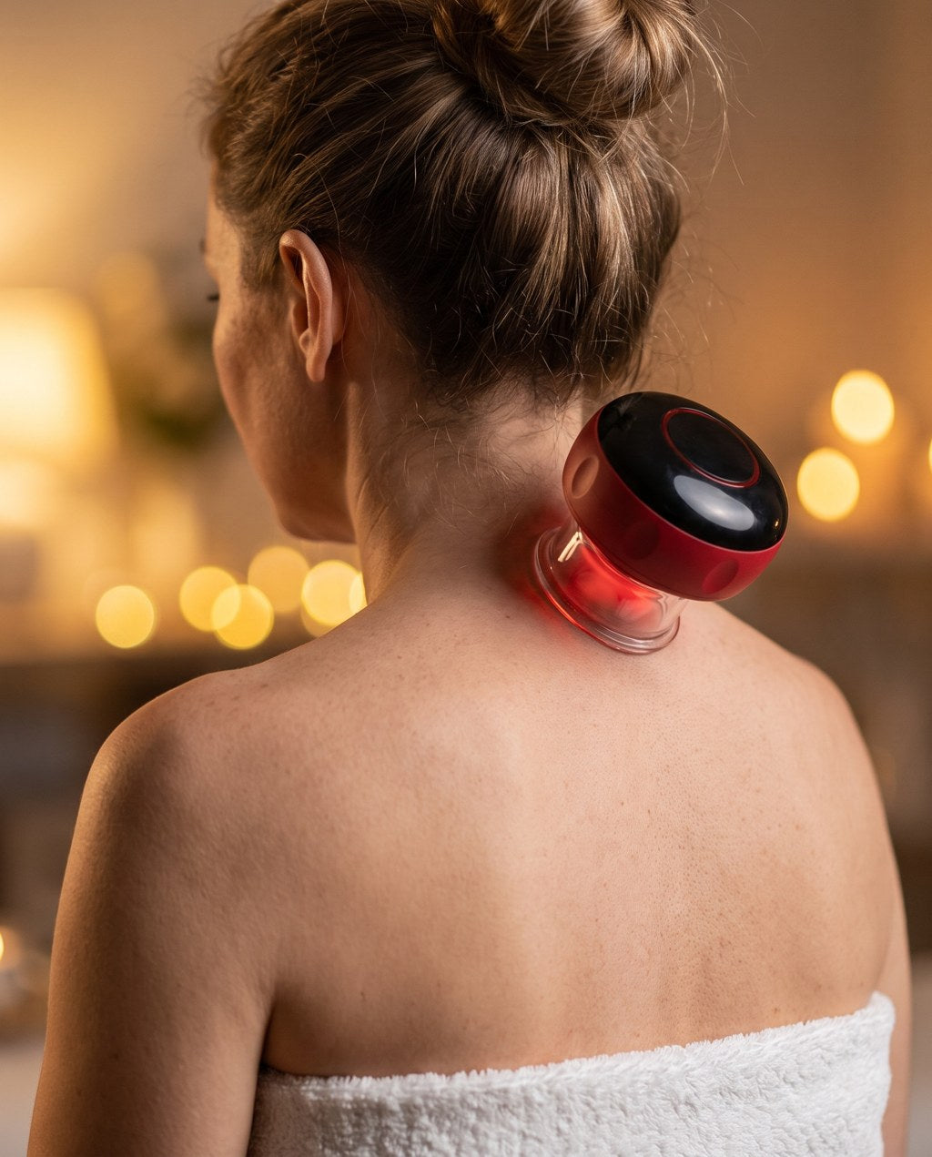 Femme se détendant le soir avec la ventouse Cupmoov sur l épaule